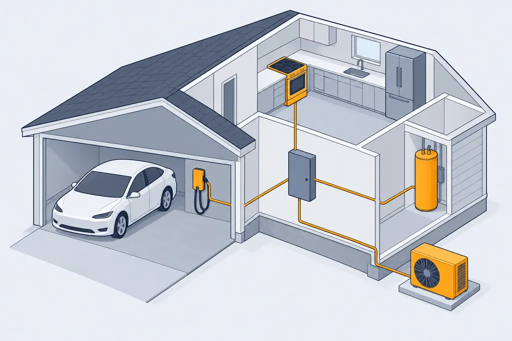 House cutaway highlighting an EV charger, heat pump, electric range and water heater all fed by one panel