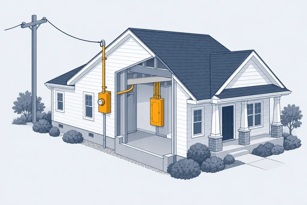 House corner cutaway highlighting a larger meter base, thicker service cable and bigger panel