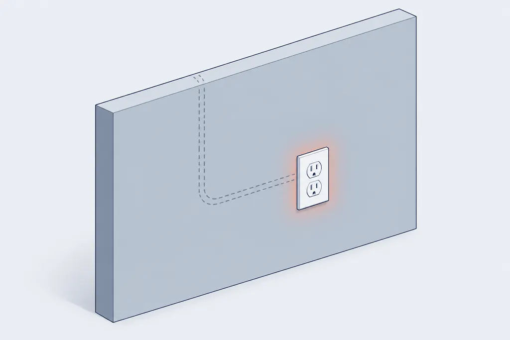 Wall outlet with a faint warm glow and a silver aluminum wire shown inside the wall