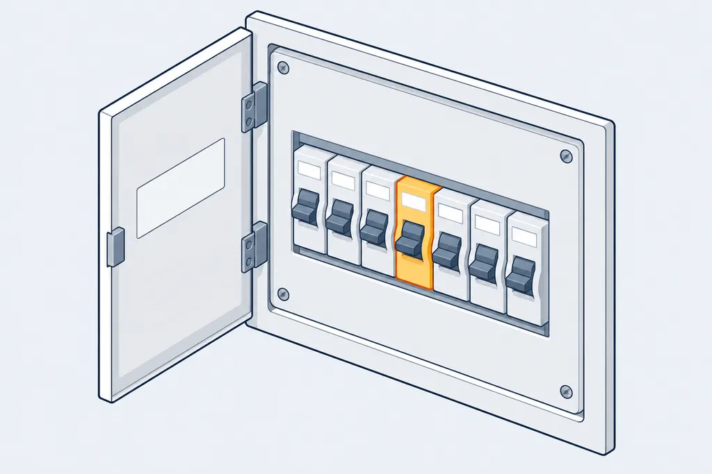 Row of circuit breakers with one breaker highlighted
