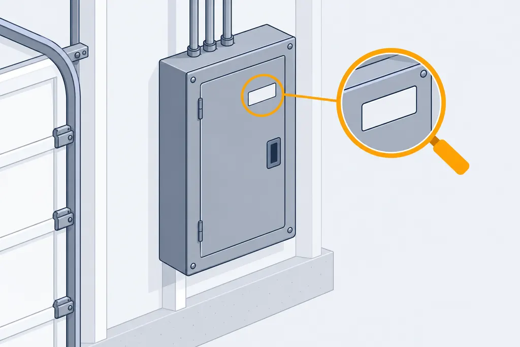 Closed electrical panel on a garage wall with the label on its door circled