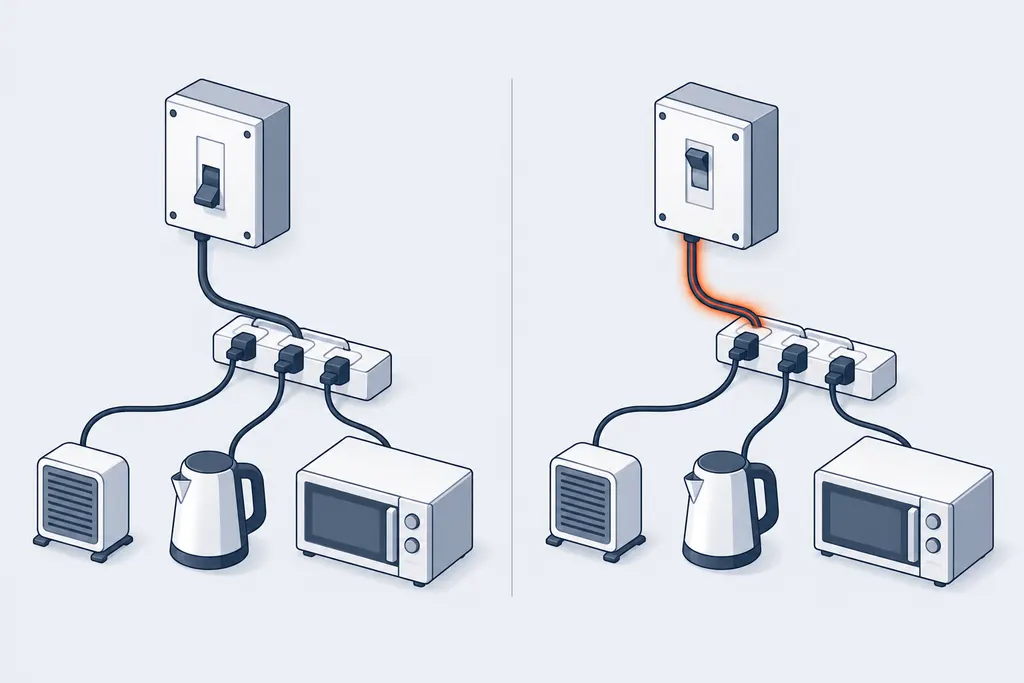 Diagram comparing a breaker that trips on overload with one that does not, leaving the wire overheated