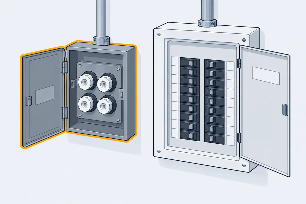 An old fuse box with screw-in fuses beside a modern breaker panel