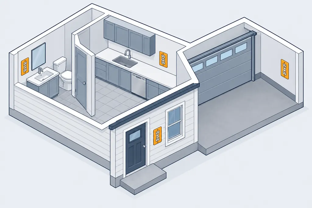 House cutaway marking GFCI outlets in the bathroom, kitchen, garage and outdoors