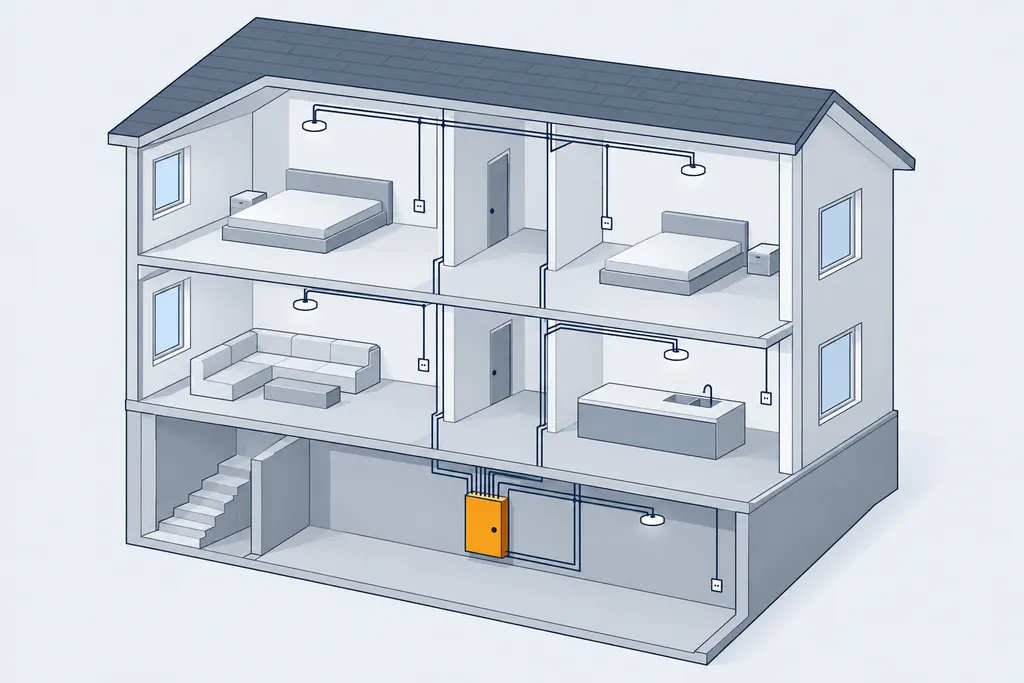 Cutaway illustration of a house with the electrical panel in the basement feeding circuits to every room