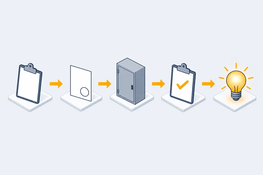 Five-step sequence: quote, permit, installation, inspection, power restored
