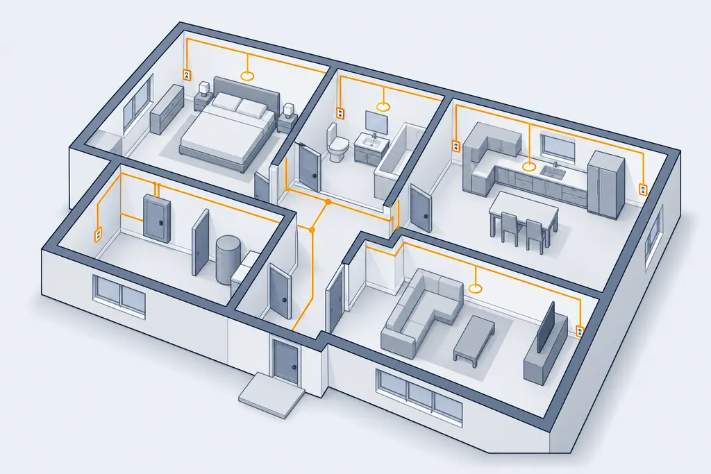 Floor-plan cutaway of a house with new wiring runs drawn from the panel to every room
