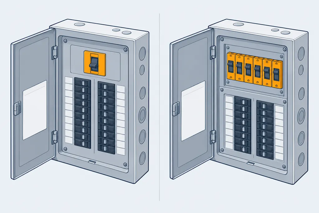 Comparison of a modern panel with one main breaker and a split-bus panel with several main breakers