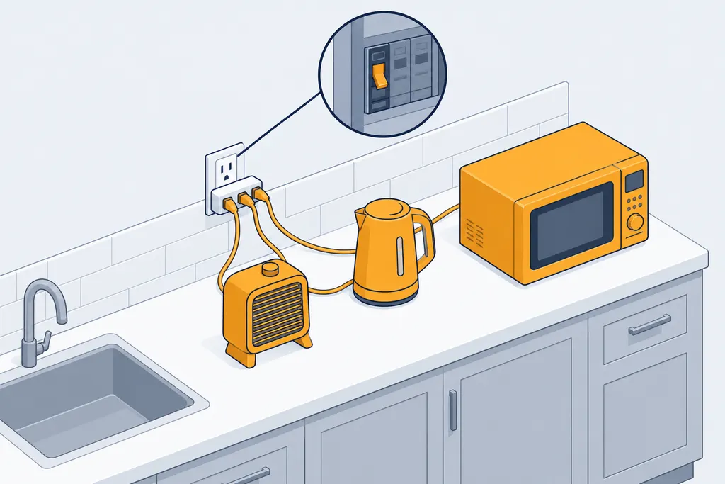 Kitchen counter with a heater, kettle and microwave on one outlet, linked to a breaker that has tripped