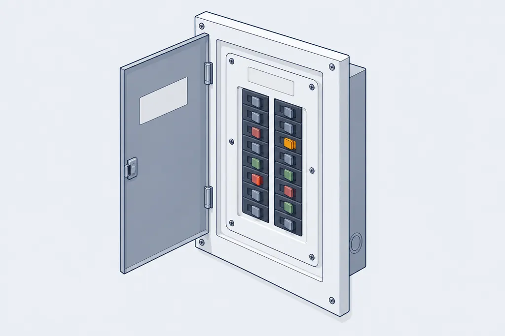 Vintage electrical panel with its door open showing narrow, multicolored breaker handles